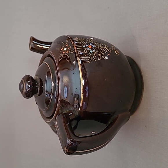 Small Vintage Brown Hand-Painted Floral Red Ware Teapot Japan 003 - Picture 4 of 9